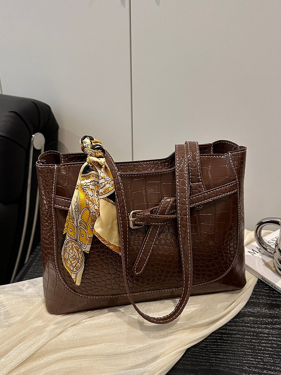Brown Croc-Embossed Shoulder Bag with Scarf Accent