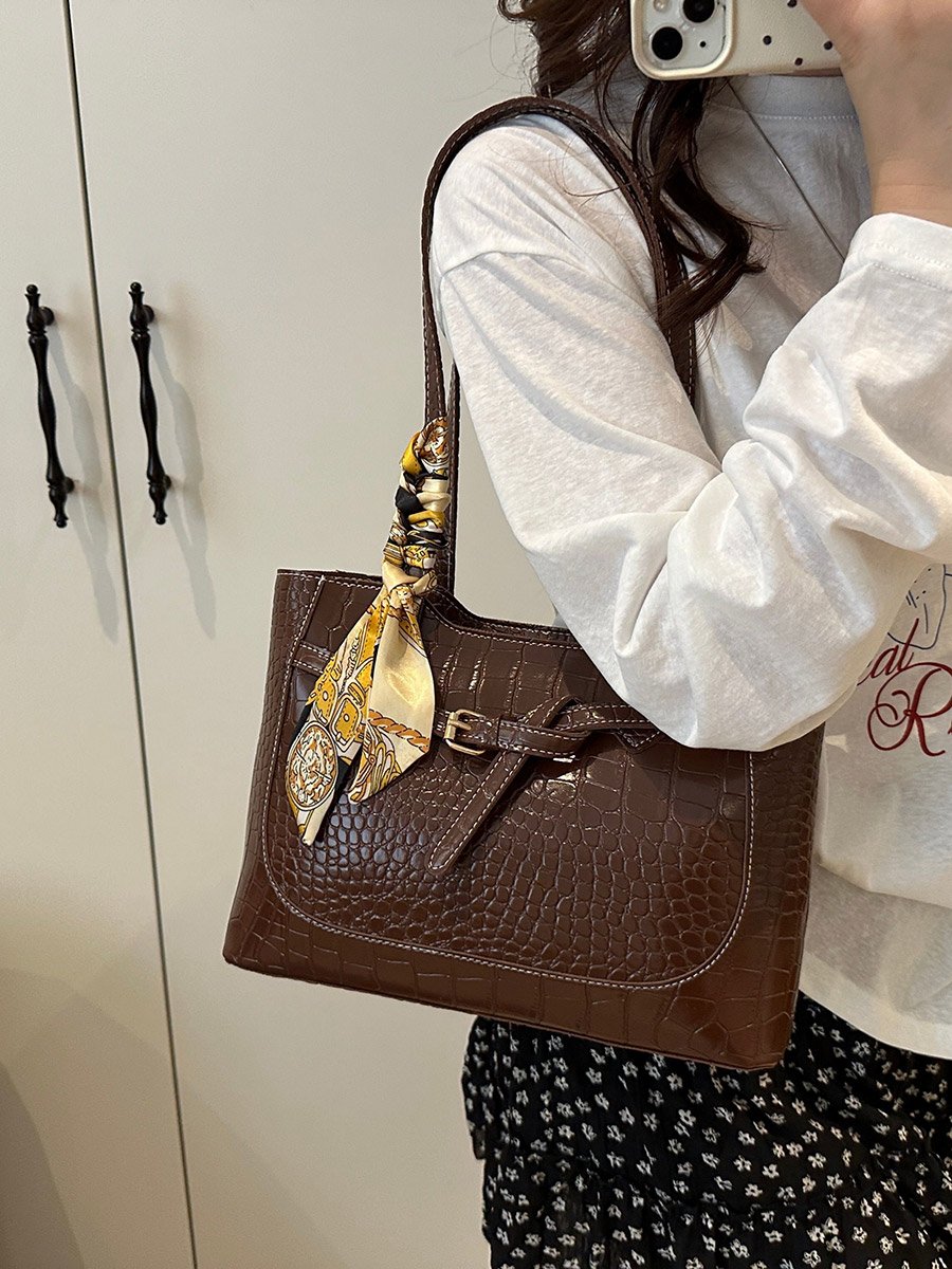 Brown Croc-Embossed Shoulder Bag with Scarf Accent