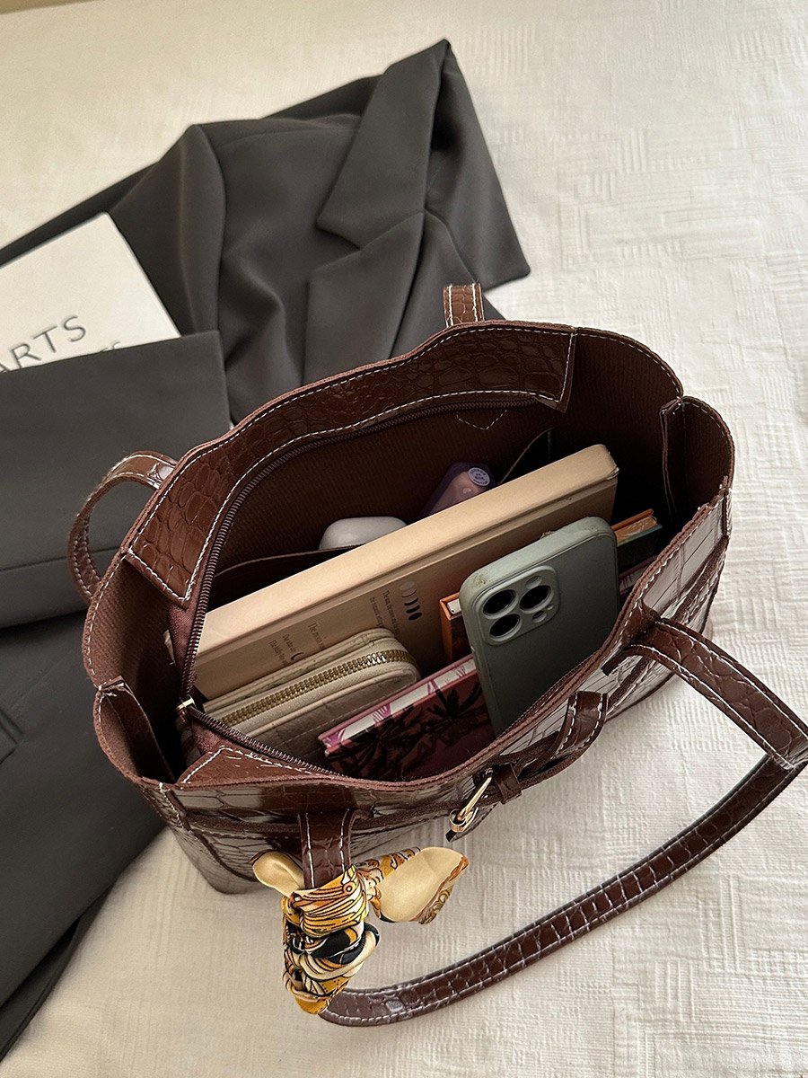 Brown Croc-Embossed Shoulder Bag with Scarf Accent
