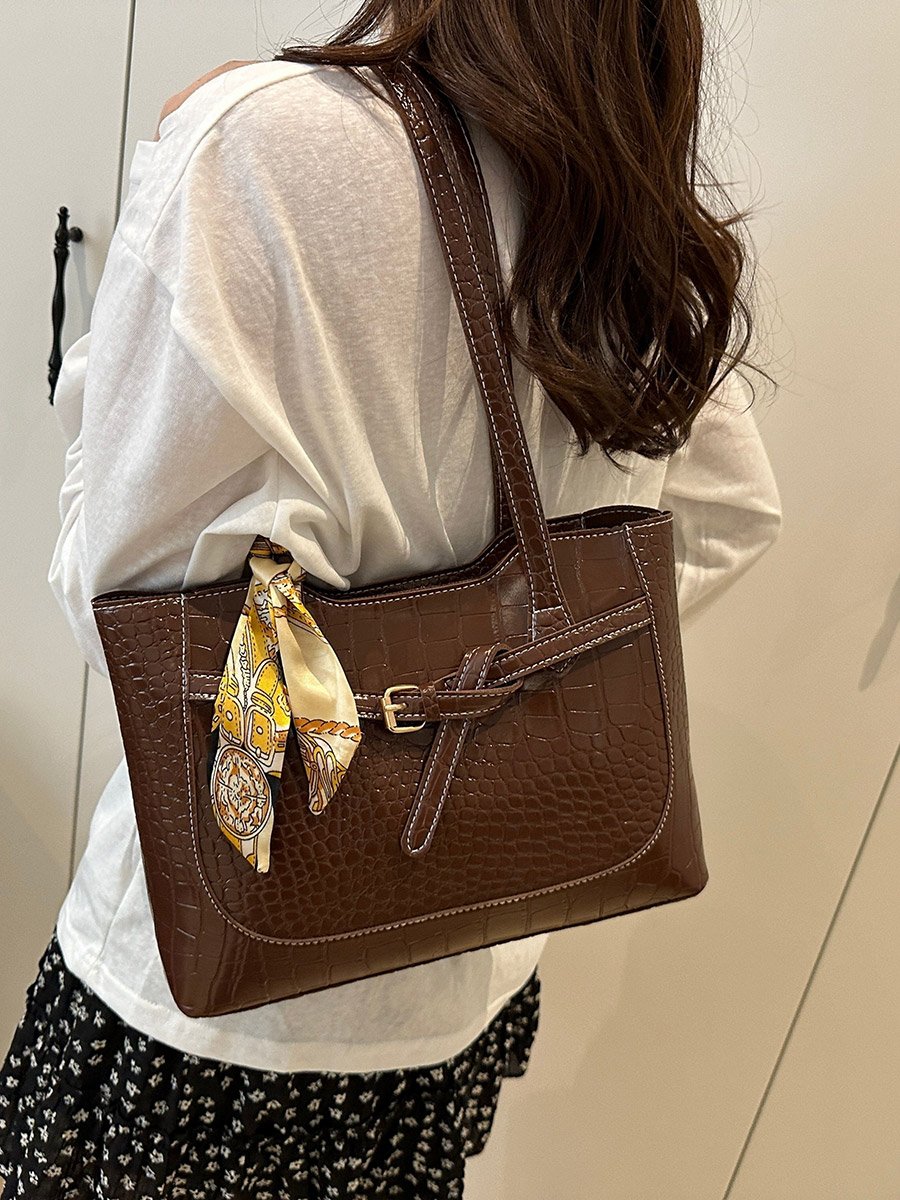 Brown Croc-Embossed Shoulder Bag with Scarf Accent
