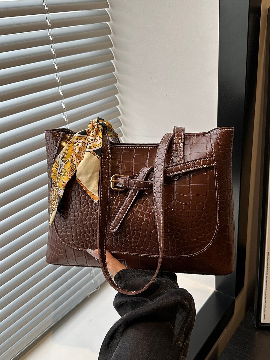 Brown Croc-Embossed Shoulder Bag with Scarf Accent