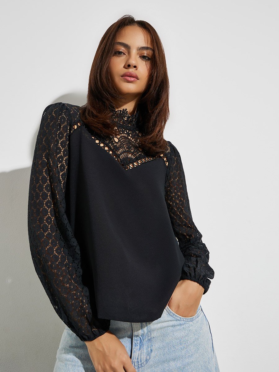 Black Lace Detail High Neck Top