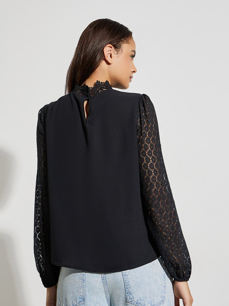 Black Lace Detail High Neck Top