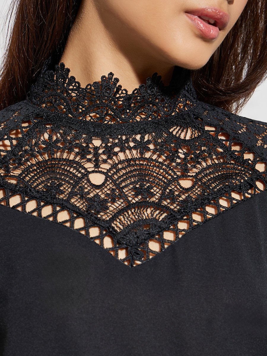 Black Lace Detail High Neck Top