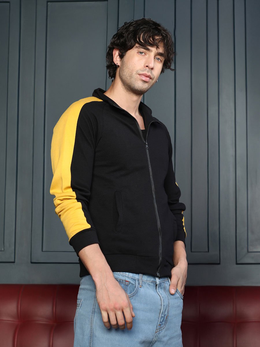 Men Black Side-Panelled Zip-Front Sweatshirt