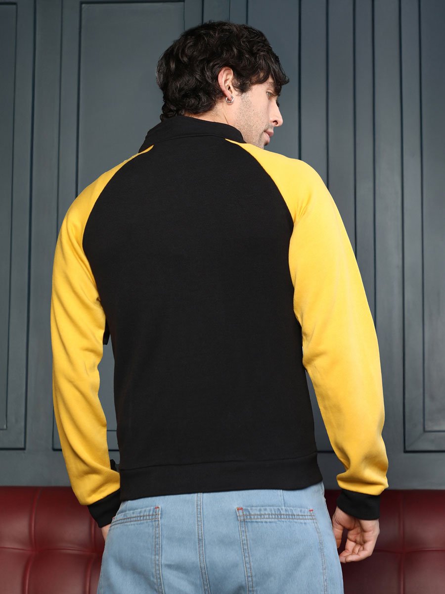 Men Black Side-Panelled Zip-Front Sweatshirt