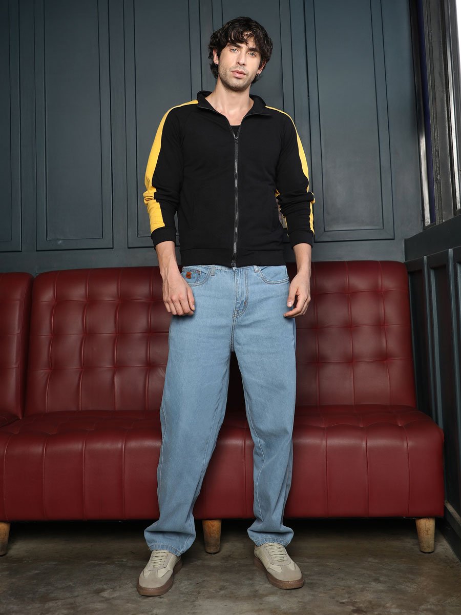 Men Black Side-Panelled Zip-Front Sweatshirt
