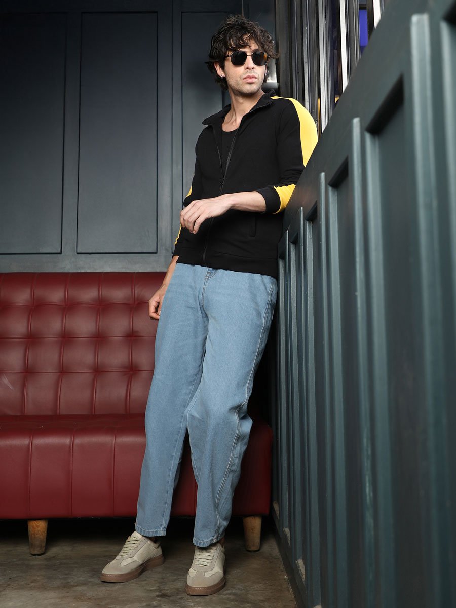 Men Black Side-Panelled Zip-Front Sweatshirt