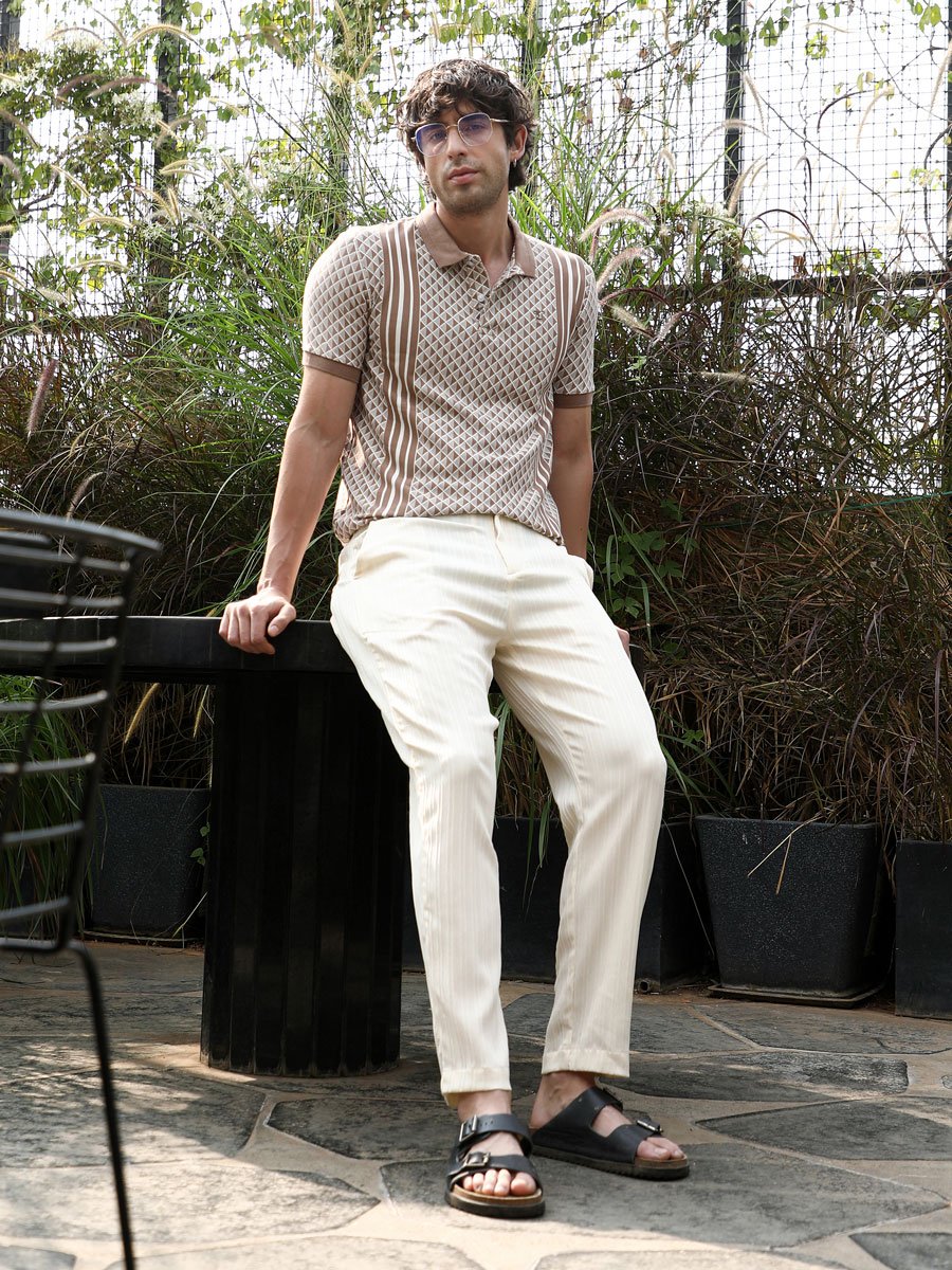 Men Ash Brown Geometric Jacquard Polo