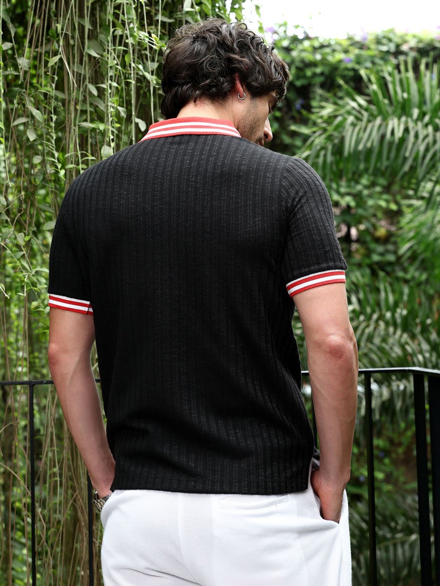 Men Black Contras Trim Textured Polo