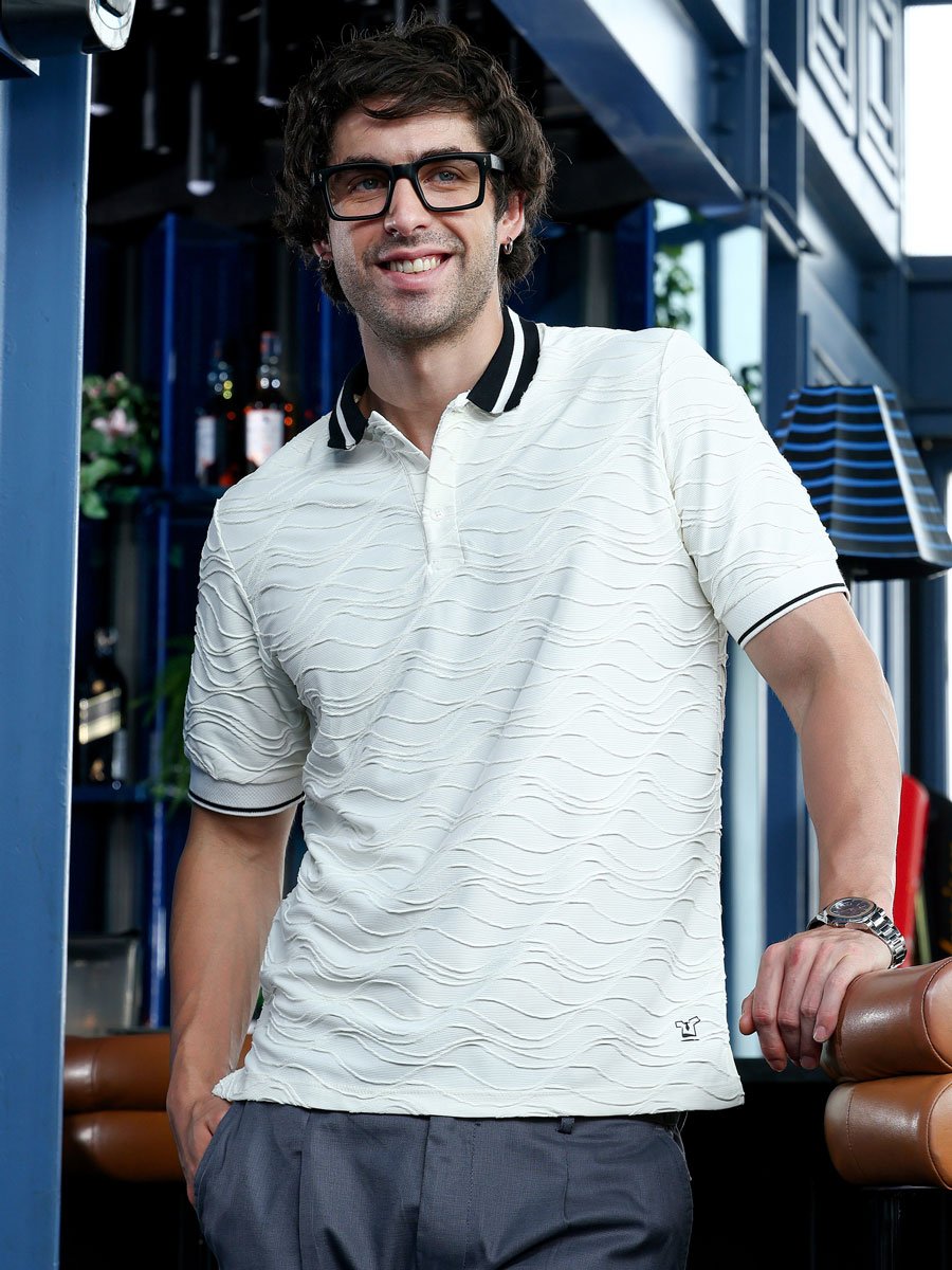 Men White Textured Short Sleeve Polo