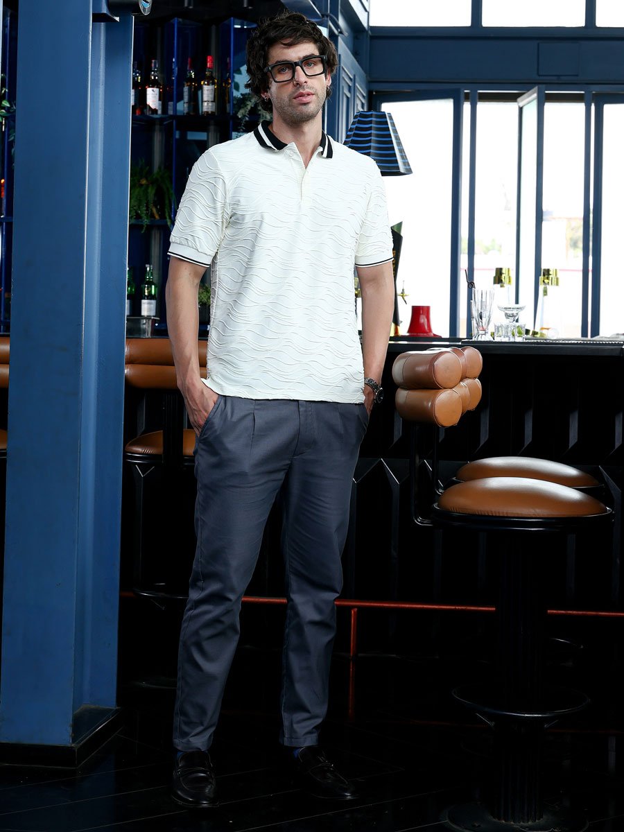 Men White Textured Short Sleeve Polo