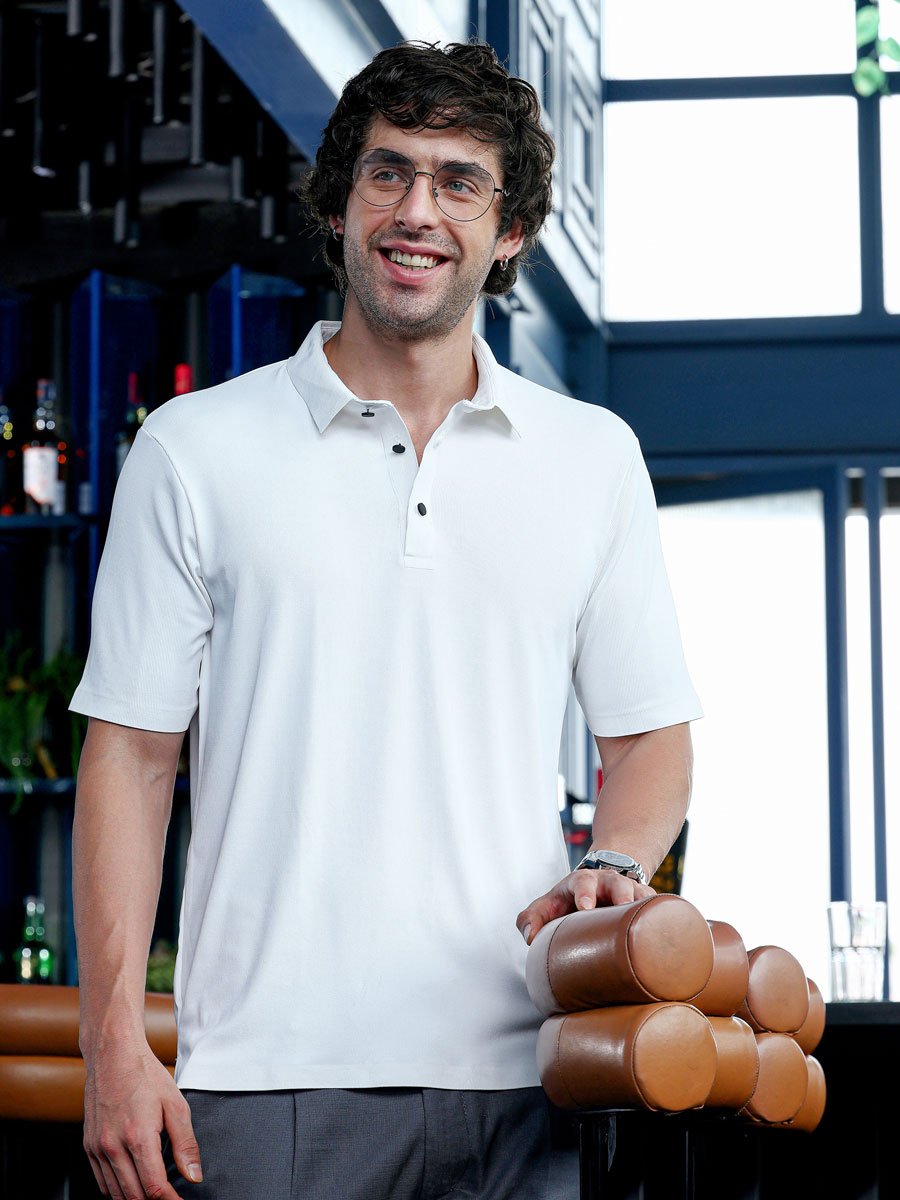 Men White Seamless Ribbed Polo T-Shirt