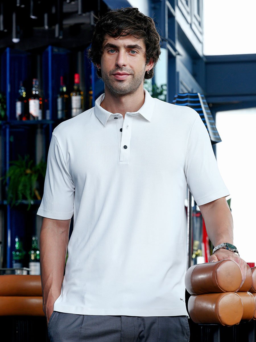 Men White Seamless Ribbed Polo T-Shirt