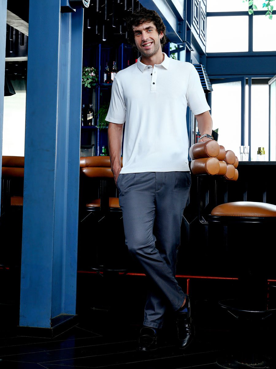 Men White Seamless Ribbed Polo T-Shirt