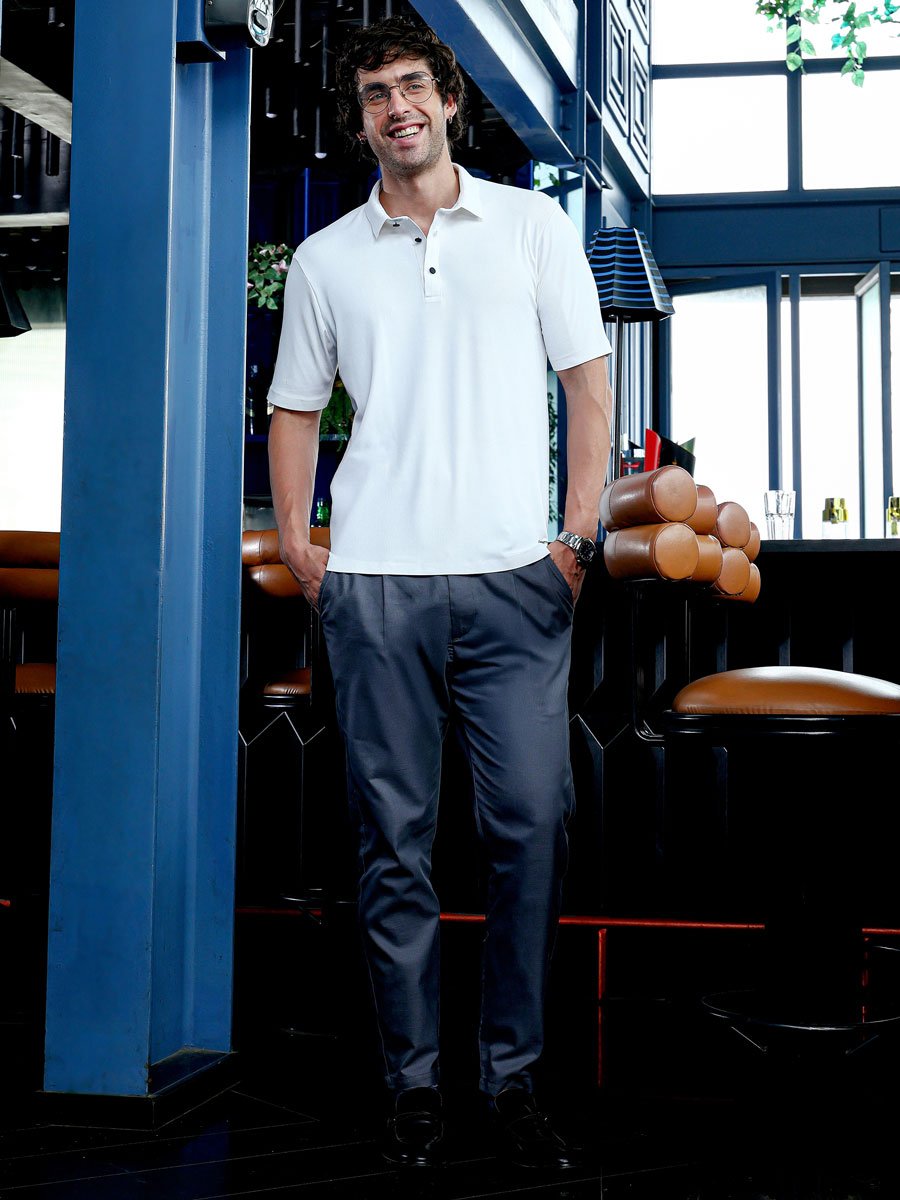 Men White Seamless Ribbed Polo T-Shirt