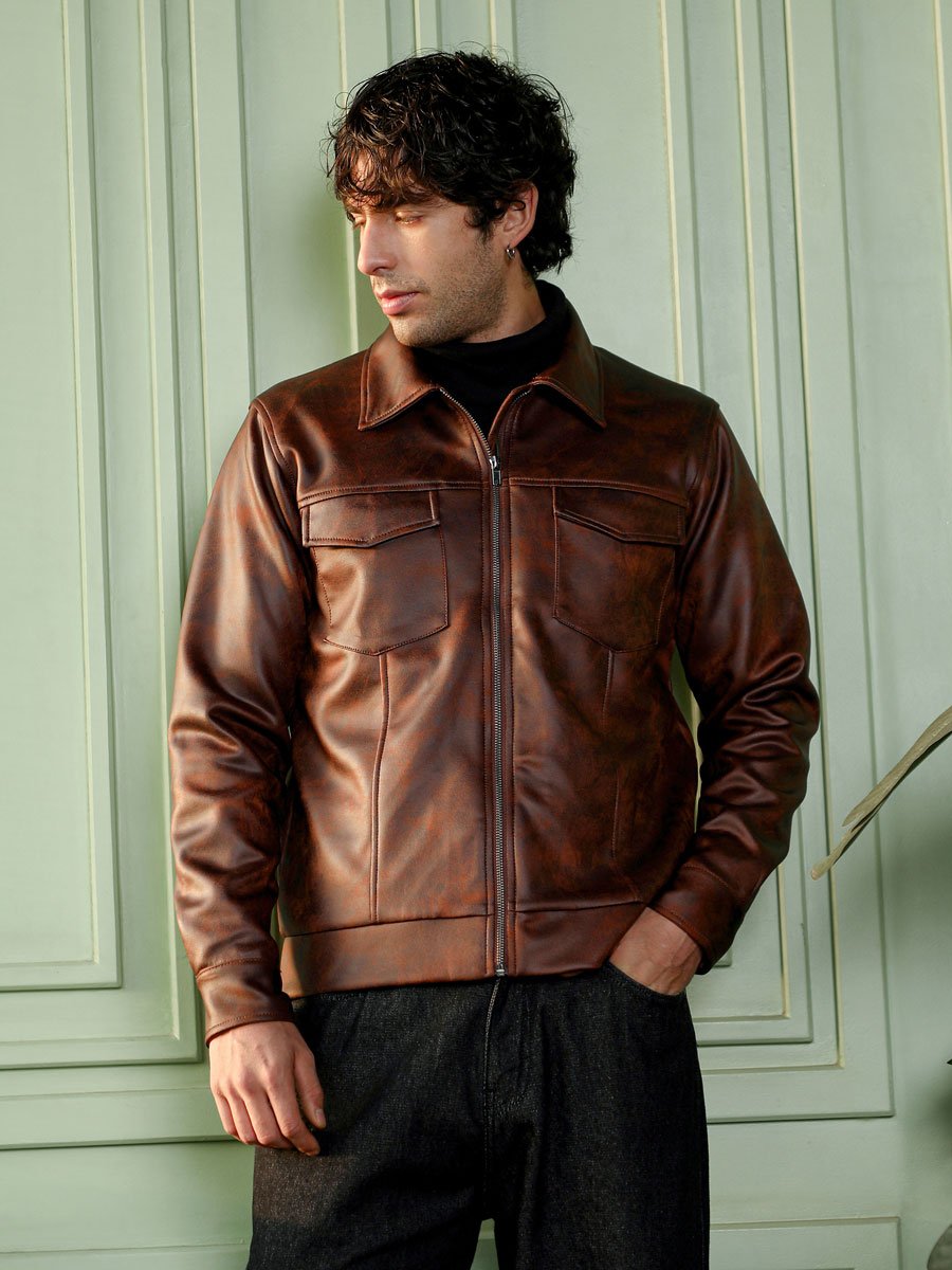 Men Brown Dye Utility-Twill Bomber Jacket