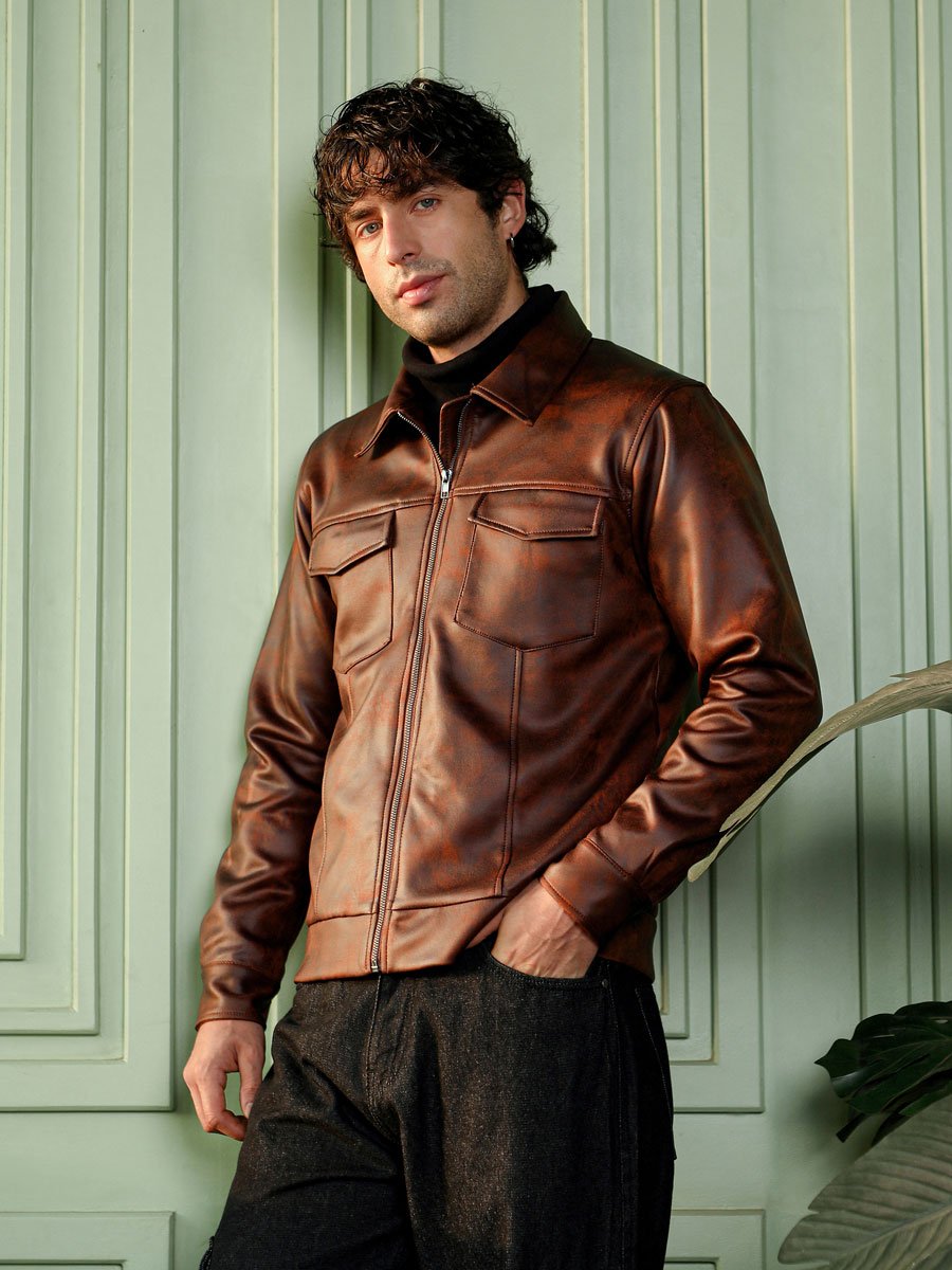 Men Brown Dye Utility-Twill Bomber Jacket