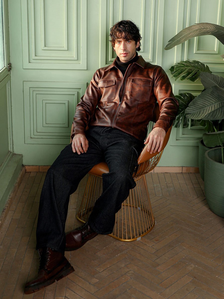 Men Brown Dye Utility-Twill Bomber Jacket