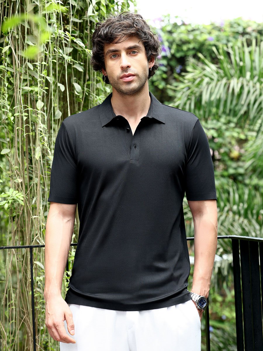 Men Black Seamless Ribbed Polo T-Shirt