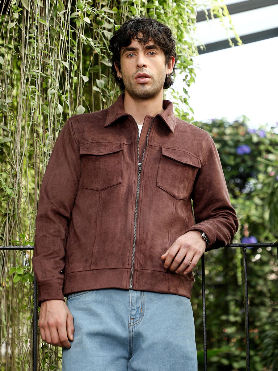 Men Chocolate Brown Solid Utility-Suede Bomber Jacket