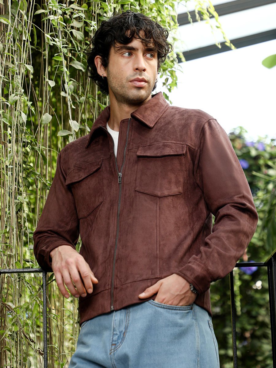Men Chocolate Brown Solid Utility-Suede Bomber Jacket