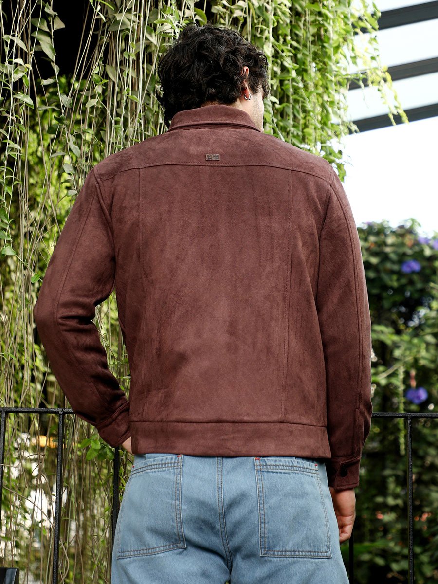 Men Chocolate Brown Solid Utility-Suede Bomber Jacket