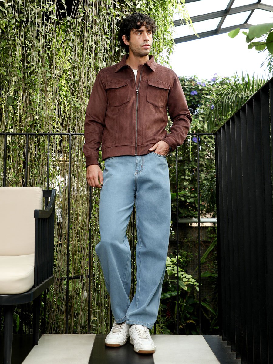 Men Chocolate Brown Solid Utility-Suede Bomber Jacket