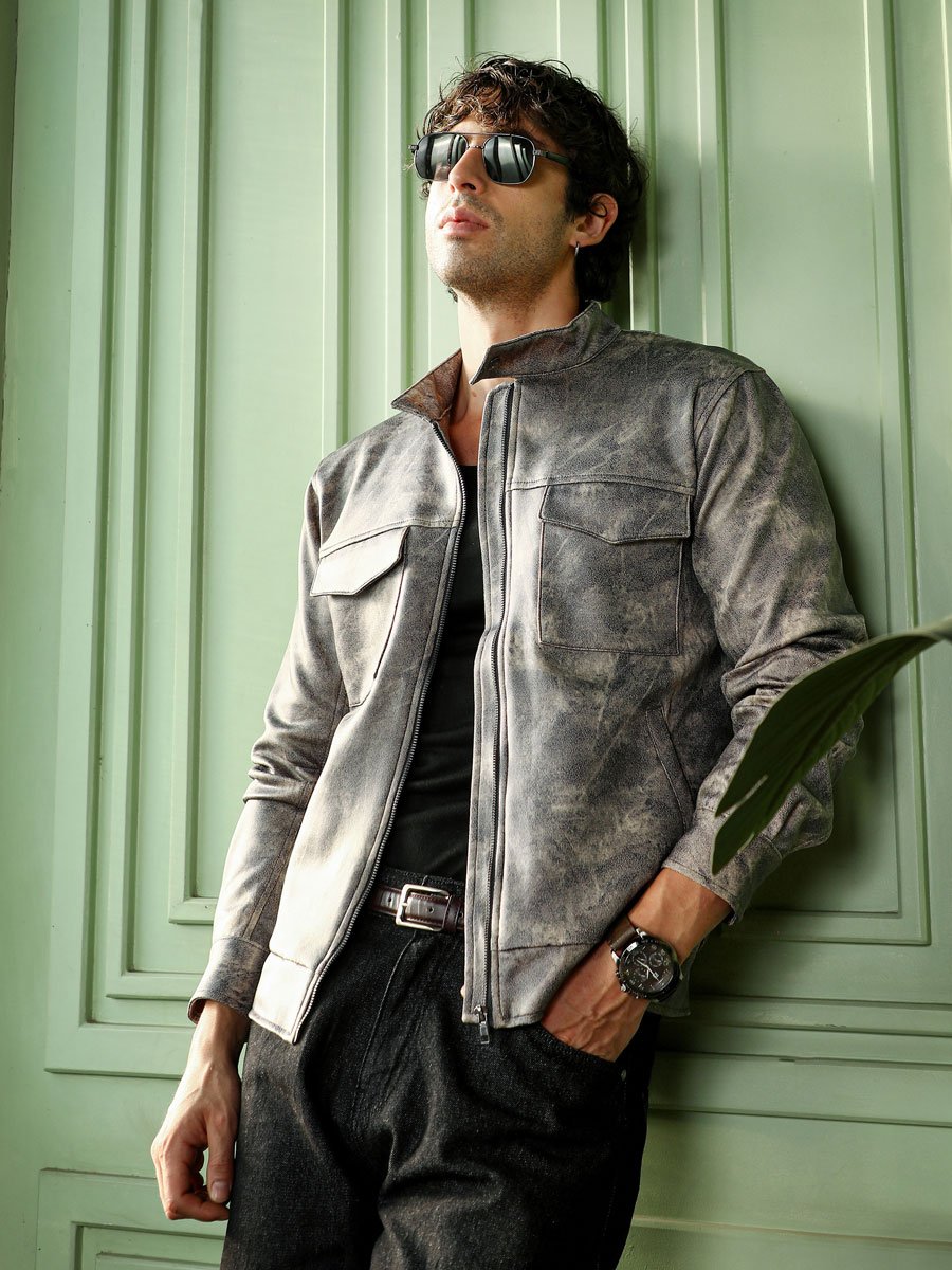 Men Grey Dye Utility-Twill Rider Jacket