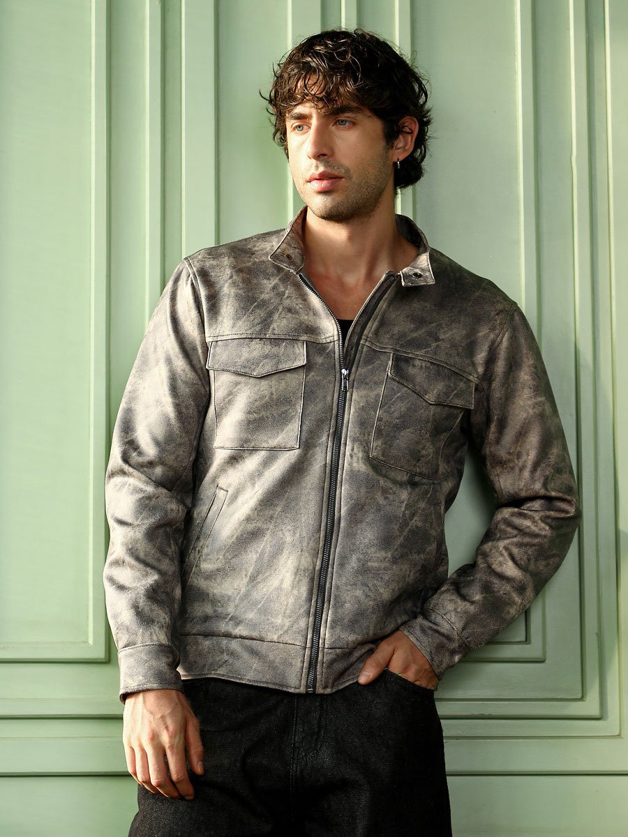 Men Grey Dye Utility-Twill Rider Jacket