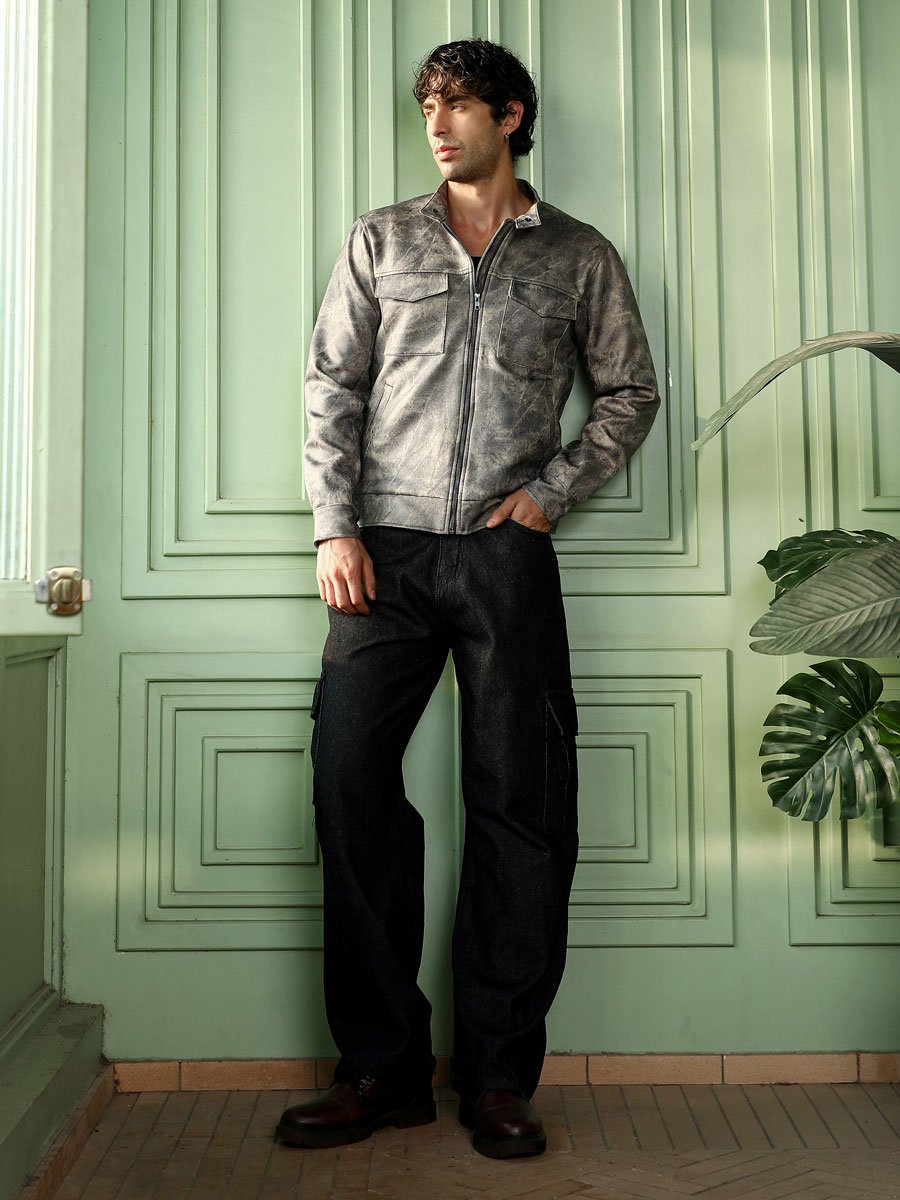 Men Grey Dye Utility-Twill Rider Jacket