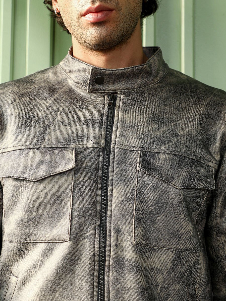 Men Grey Dye Utility-Twill Rider Jacket