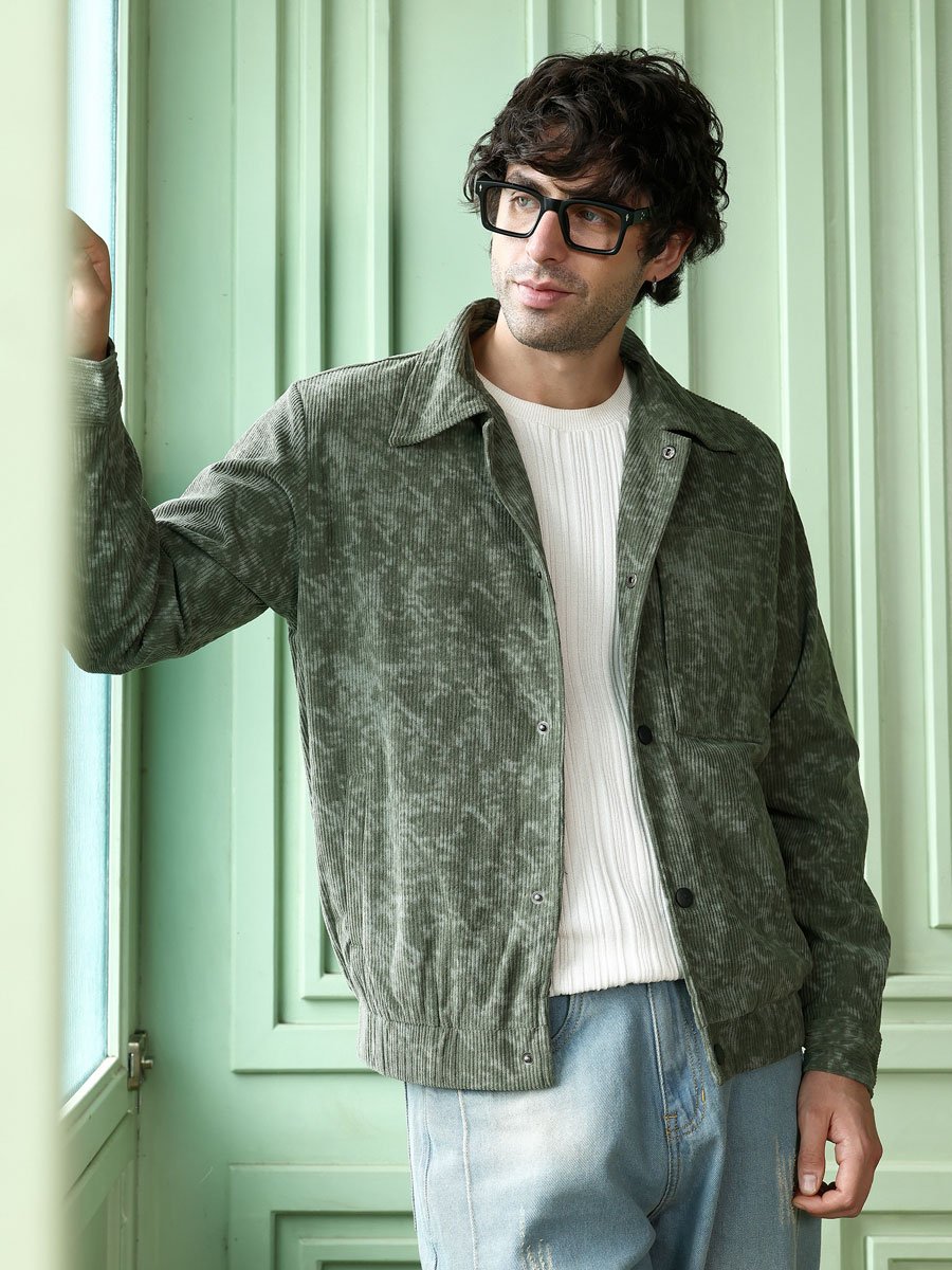 Men Green Faded-Corduroy Utility Bomber Jacket