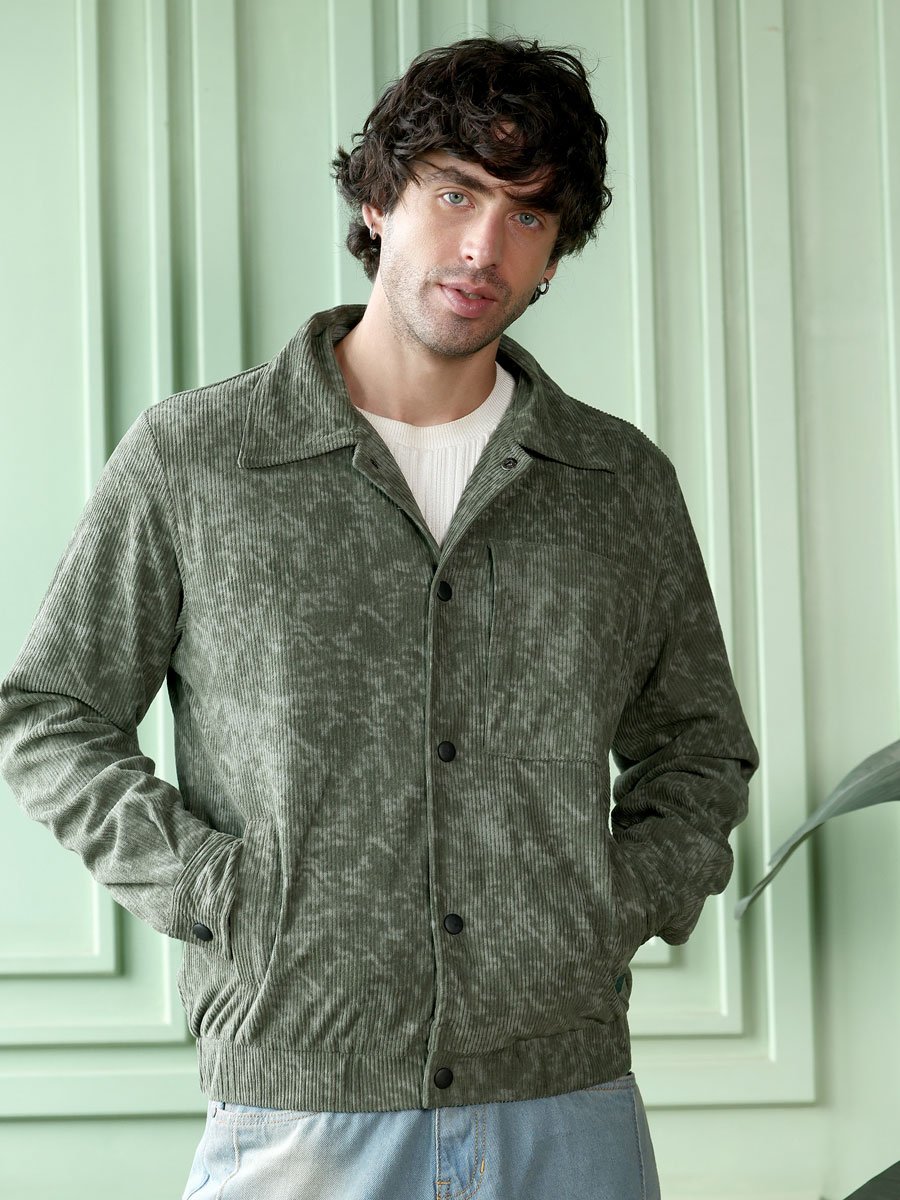 Men Green Faded-Corduroy Utility Bomber Jacket