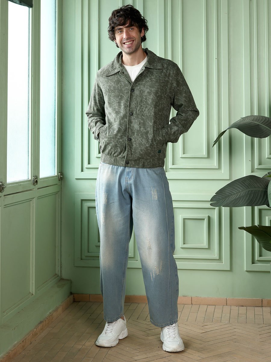 Men Green Faded-Corduroy Utility Bomber Jacket