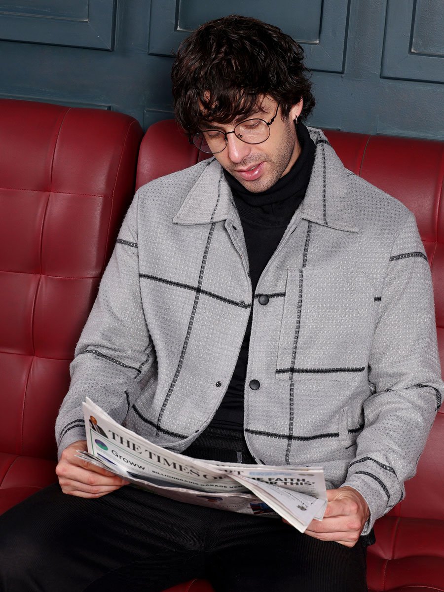 Men Grey Waffle-Grid Utility Bomber Jacket