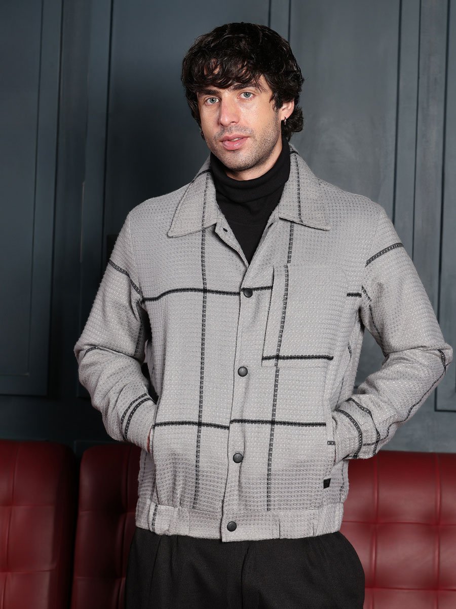Men Grey Waffle-Grid Utility Bomber Jacket