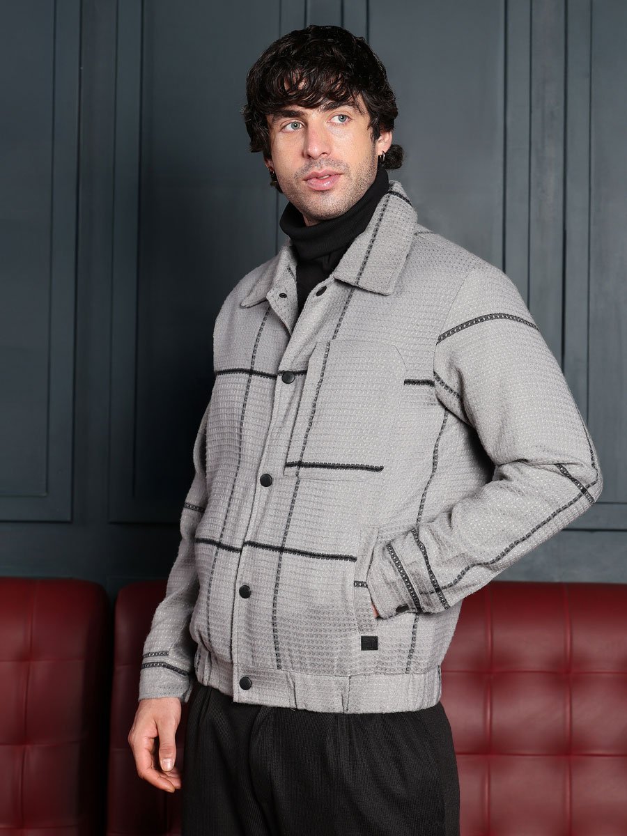 Men Grey Waffle-Grid Utility Bomber Jacket