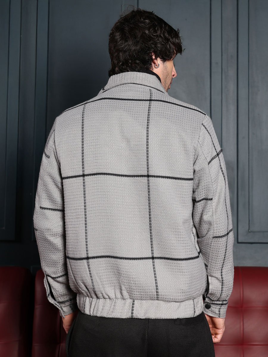 Men Grey Waffle-Grid Utility Bomber Jacket