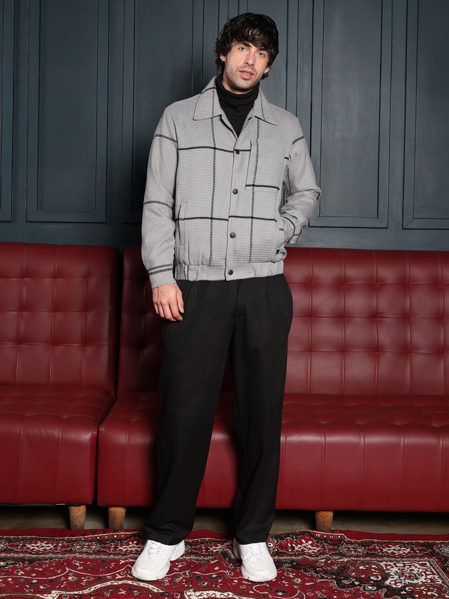 Men Grey Waffle-Grid Utility Bomber Jacket
