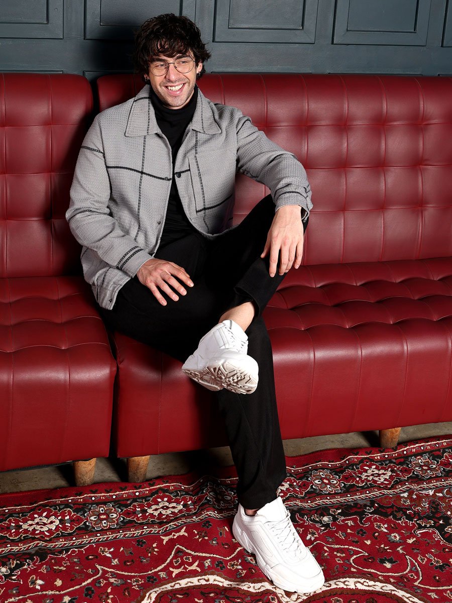 Men Grey Waffle-Grid Utility Bomber Jacket