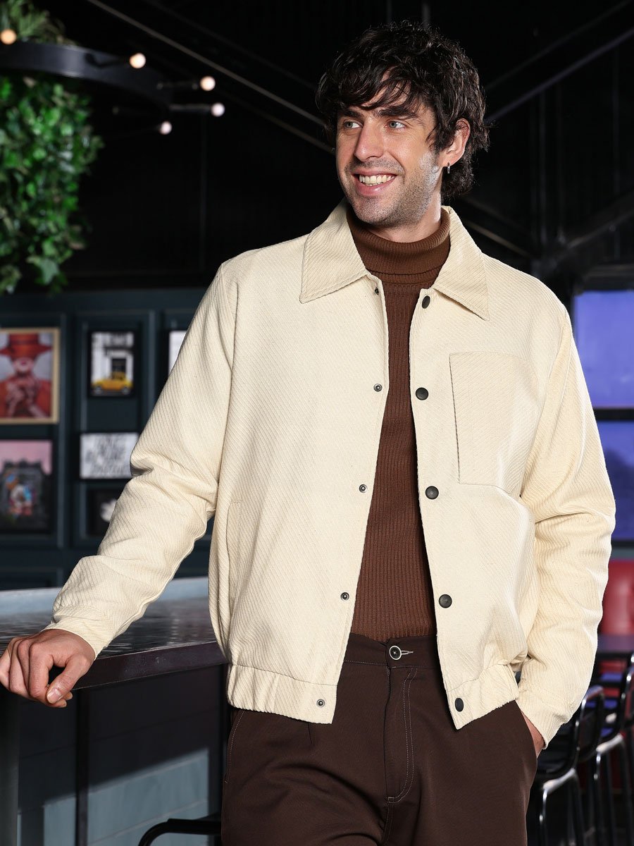 Men Cream Lined-Jacquard Utility Bomber Jacket