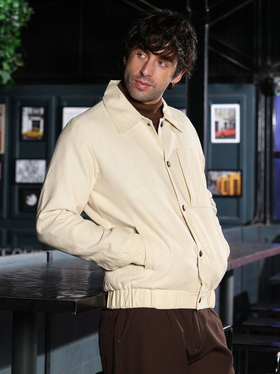 Men Cream Lined-Jacquard Utility Bomber Jacket