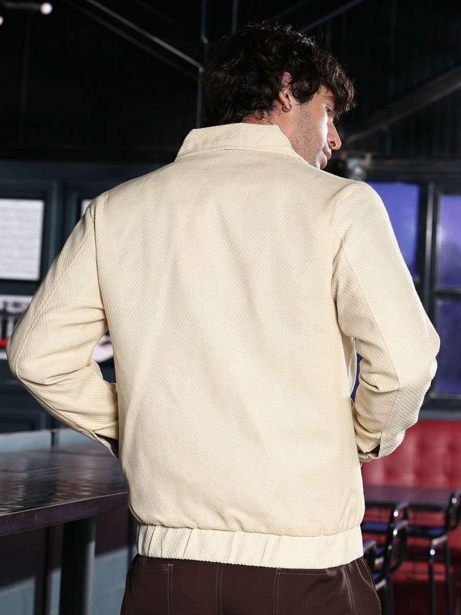 Men Cream Lined-Jacquard Utility Bomber Jacket