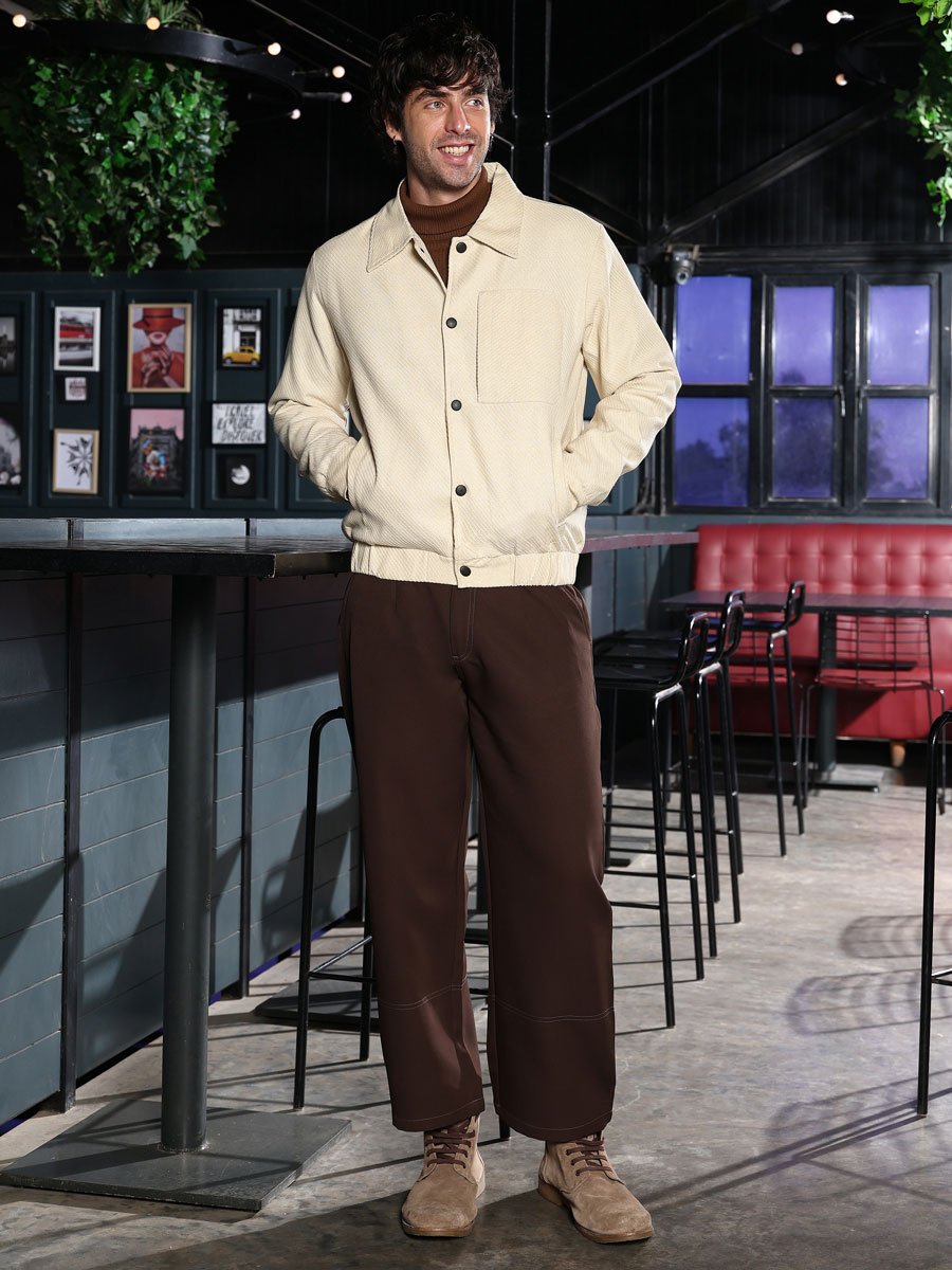 Men Cream Lined-Jacquard Utility Bomber Jacket