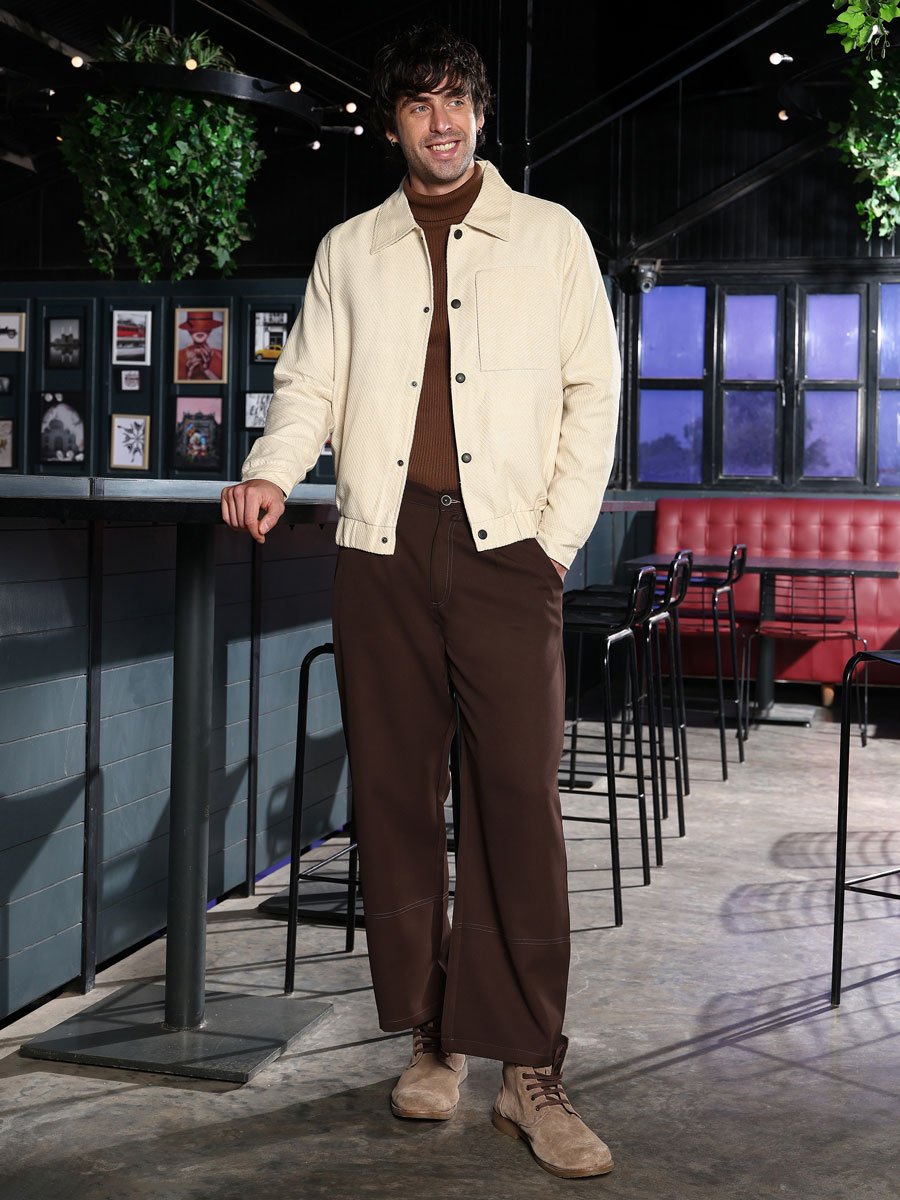 Men Cream Lined-Jacquard Utility Bomber Jacket