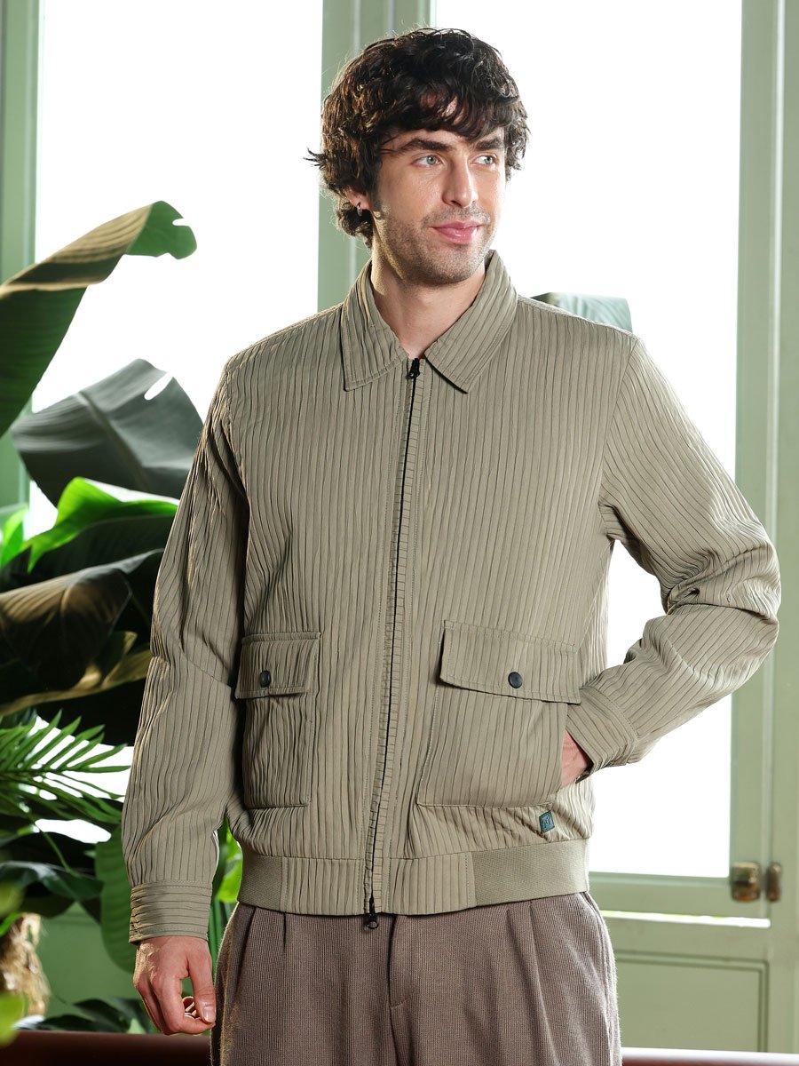 Men Green Olive Zip-Front Crushed-Tactile Jacket