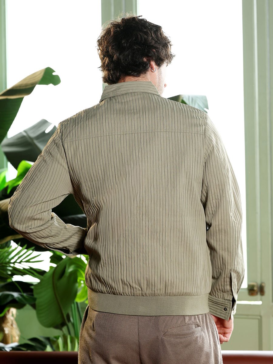Men Green Olive Zip-Front Crushed-Tactile Jacket