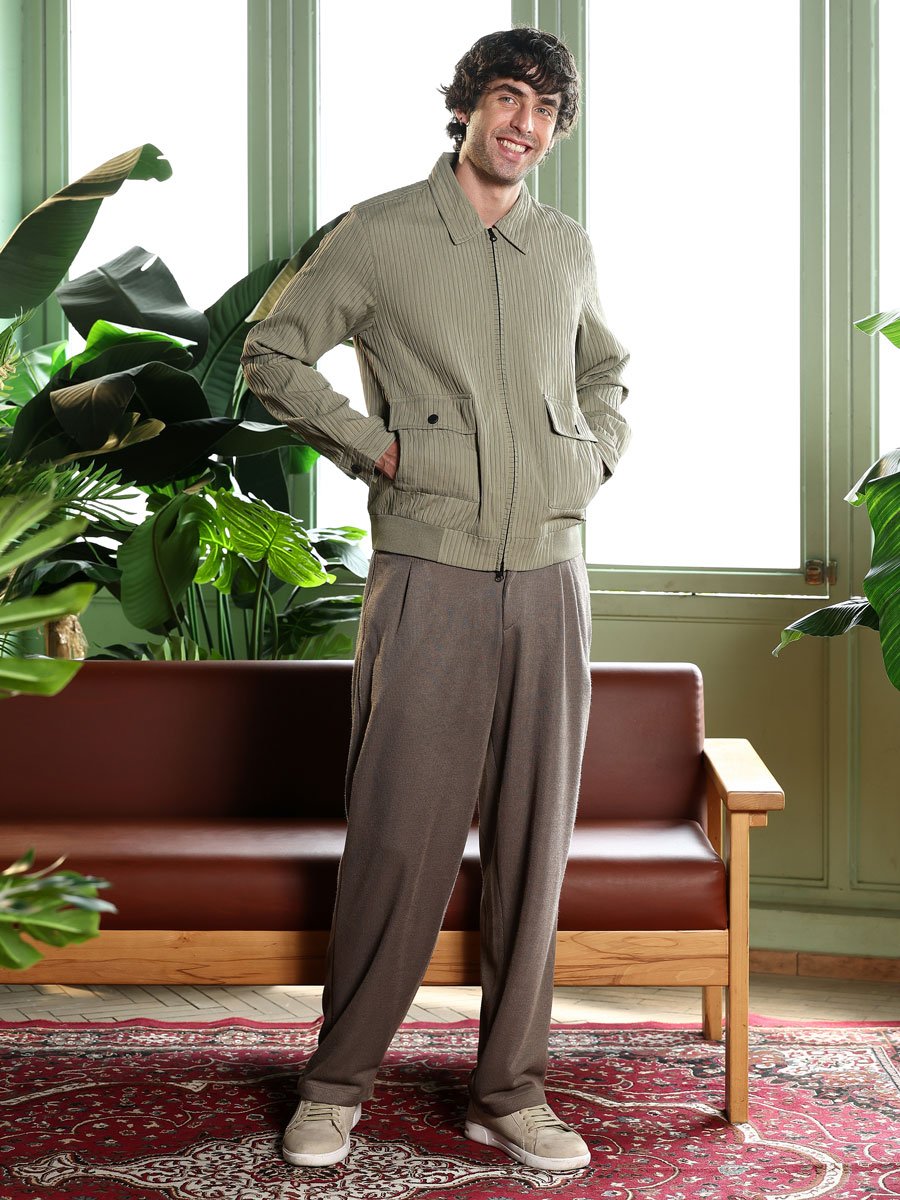Men Green Olive Zip-Front Crushed-Tactile Jacket