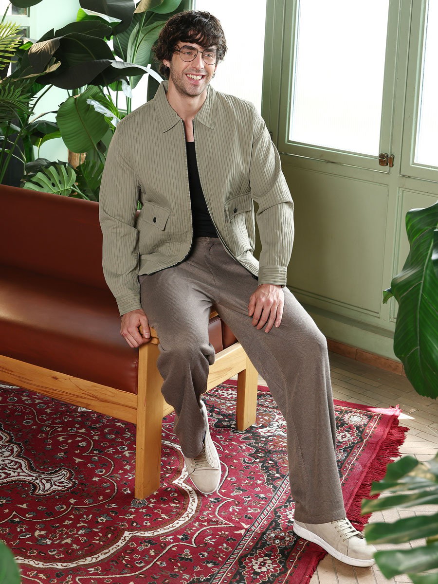 Men Green Olive Zip-Front Crushed-Tactile Jacket